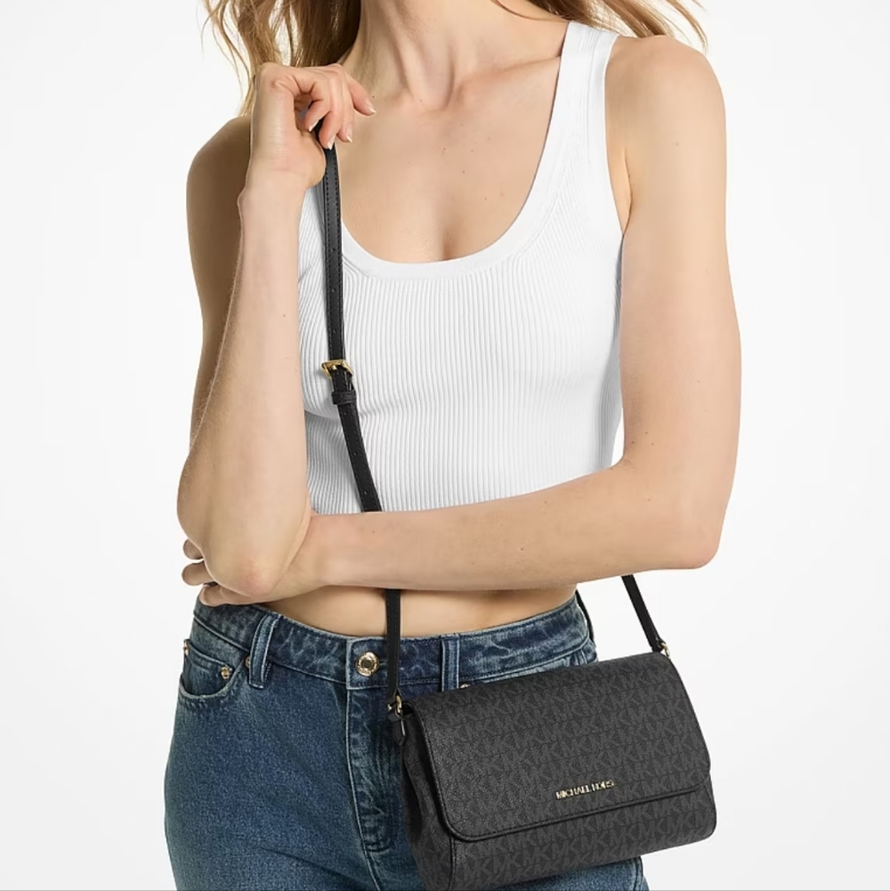 MICHAEL KORS Jet Set Medium Convertible Pouchette Crossbody Navy Mk Signature